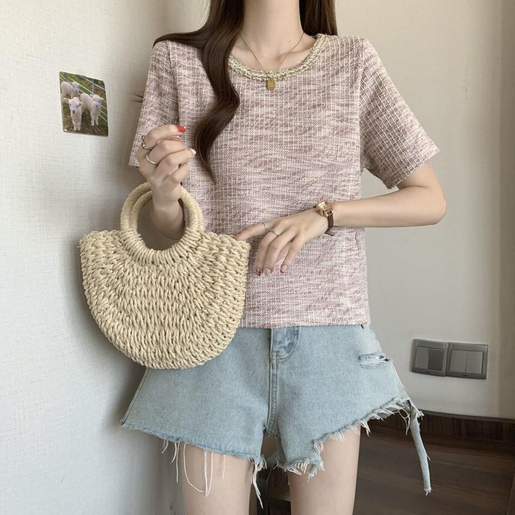 Retro Fashion Woven Plaid Top for Women's Summer Age Reduction and Stylish Versatile T-shirt