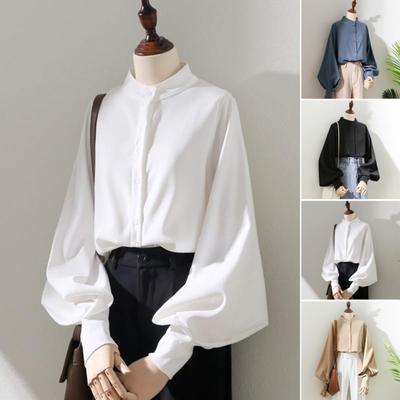 Women Shirt Stand Collar Lantern Long Sleeve Solid Color Shirt Loose Fit Single Breasted Office Lady Shirt