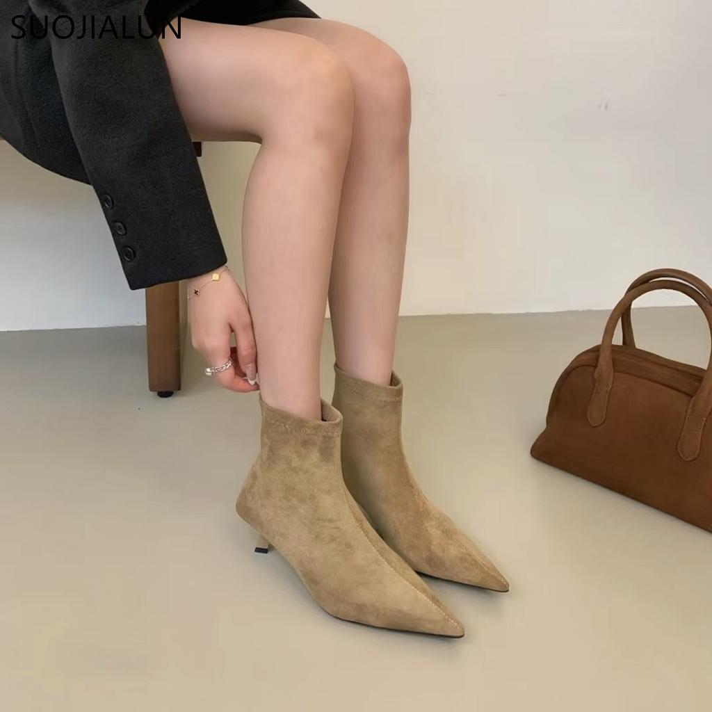 Fashion SUOJIALUN 2024 Winter New Brand Women Short Boots Fashion Pointed Toe Ladies Elegant Ankle Boots Thin High Heel Dress Pumps Shoe