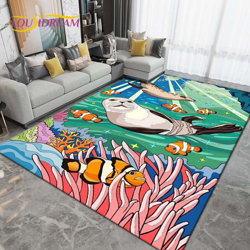 Ocean Underwater World Fish Dolphin Octopus Area Rug,Carpet Rug for Living Room Bedroom Sofa,Kitchen Bathroom Non-slip Floor Mat