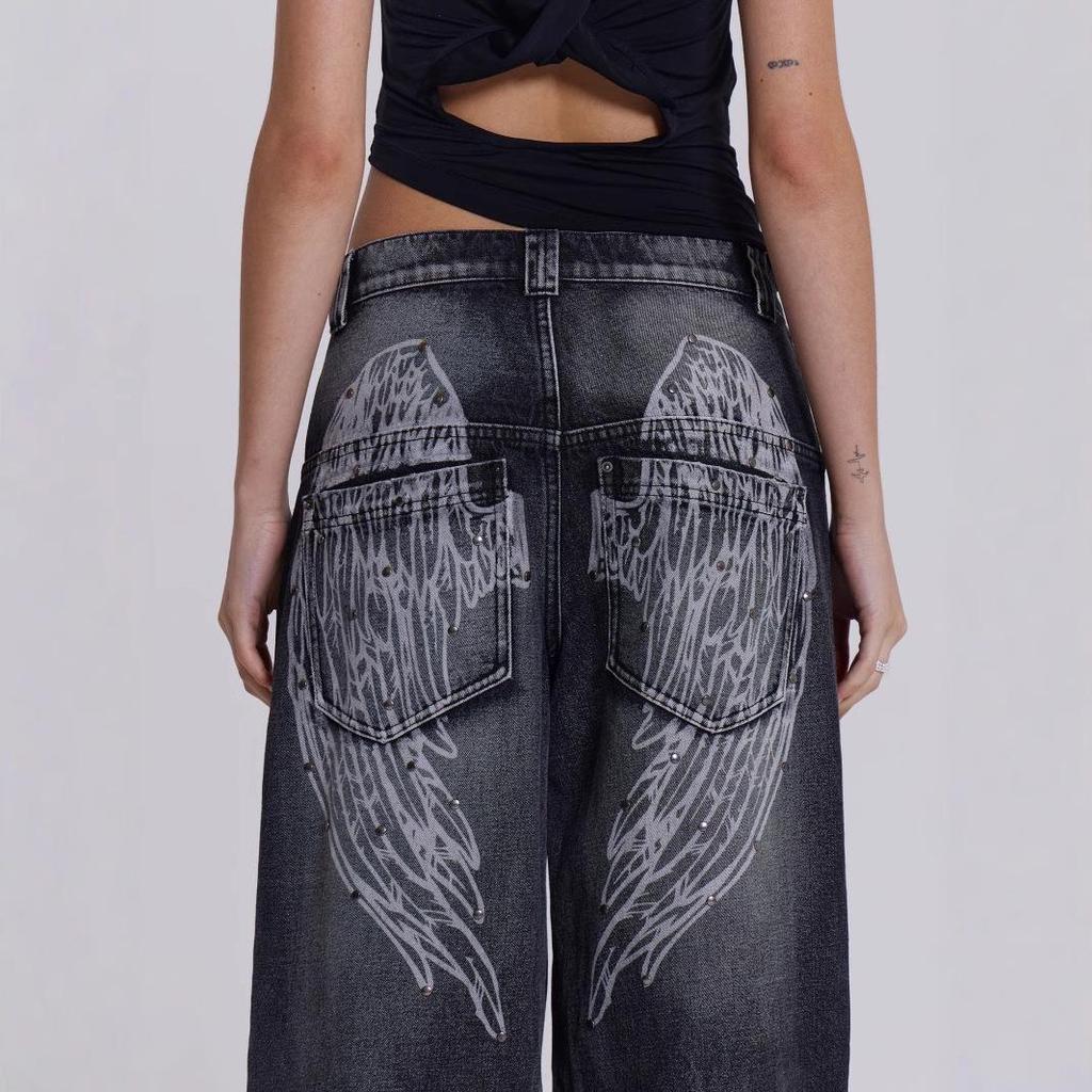 Retro Wing Print Rivet Wide-Leg Jeans