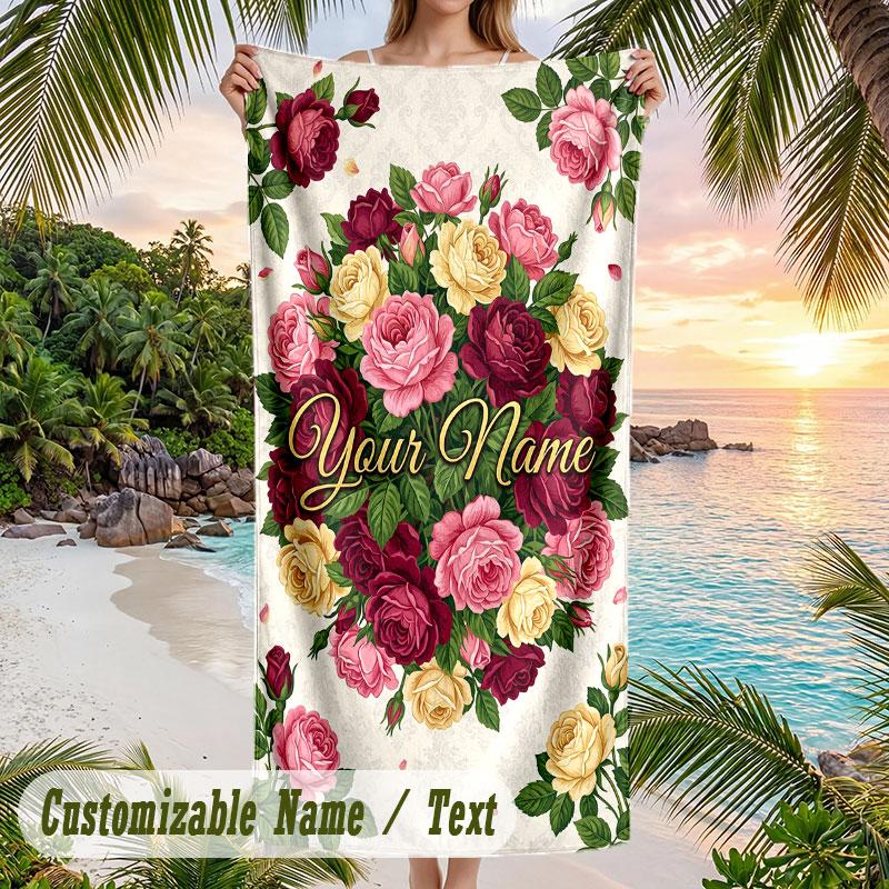Roses Elegance Theme Quick Dry Beach Towel Custom Name Text Print Large Sand Resistant Towel Beach Vacation