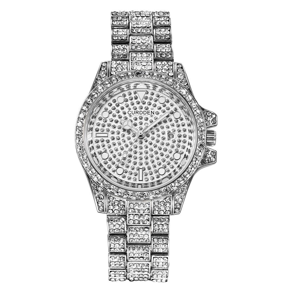 

Мужские роскошные часы с бриллиантами и браслетом из нержавеющей стали серебряный