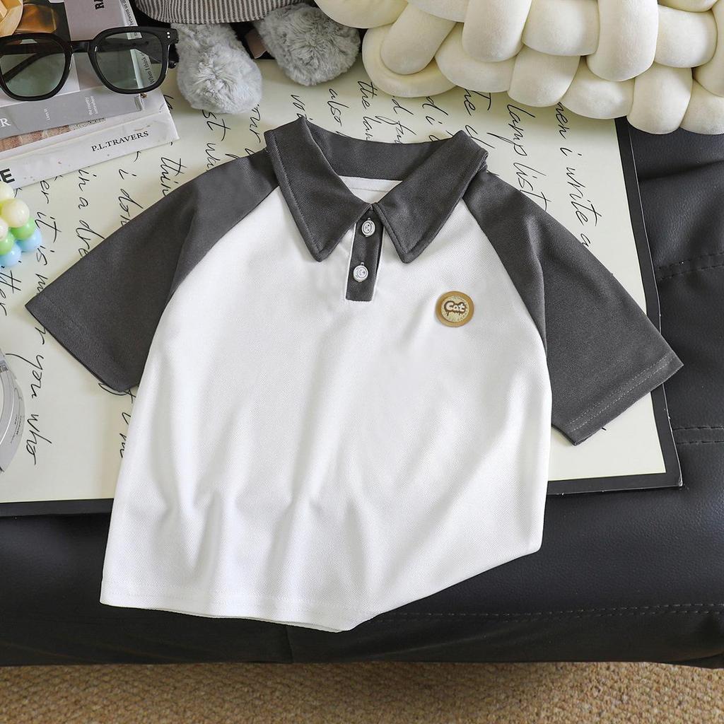 Children's Two-Tone Polo Collar Short Sleeve Sporty Summer Top