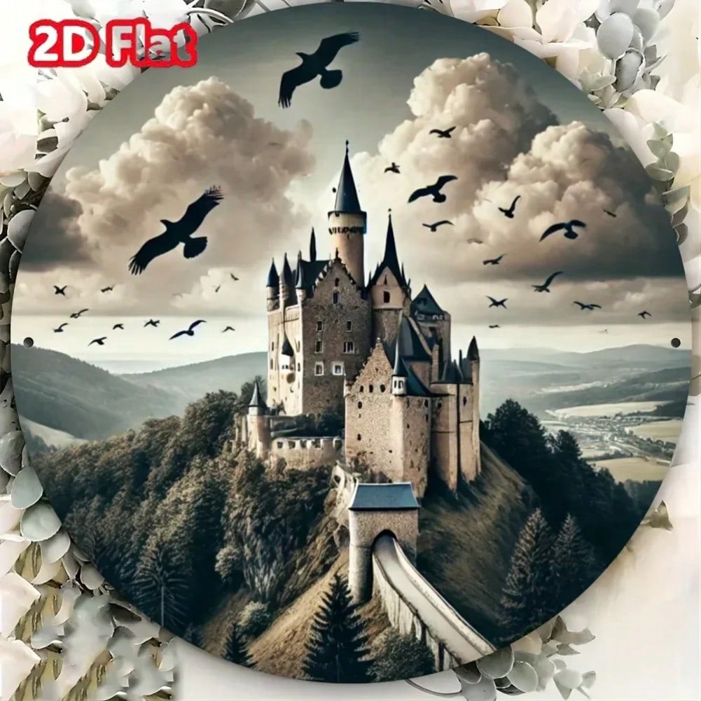 

Medieval Castle Metal Wall Art Vintage Round Aluminum Sign for Home Bar Garage 20x20 різнокольоровий