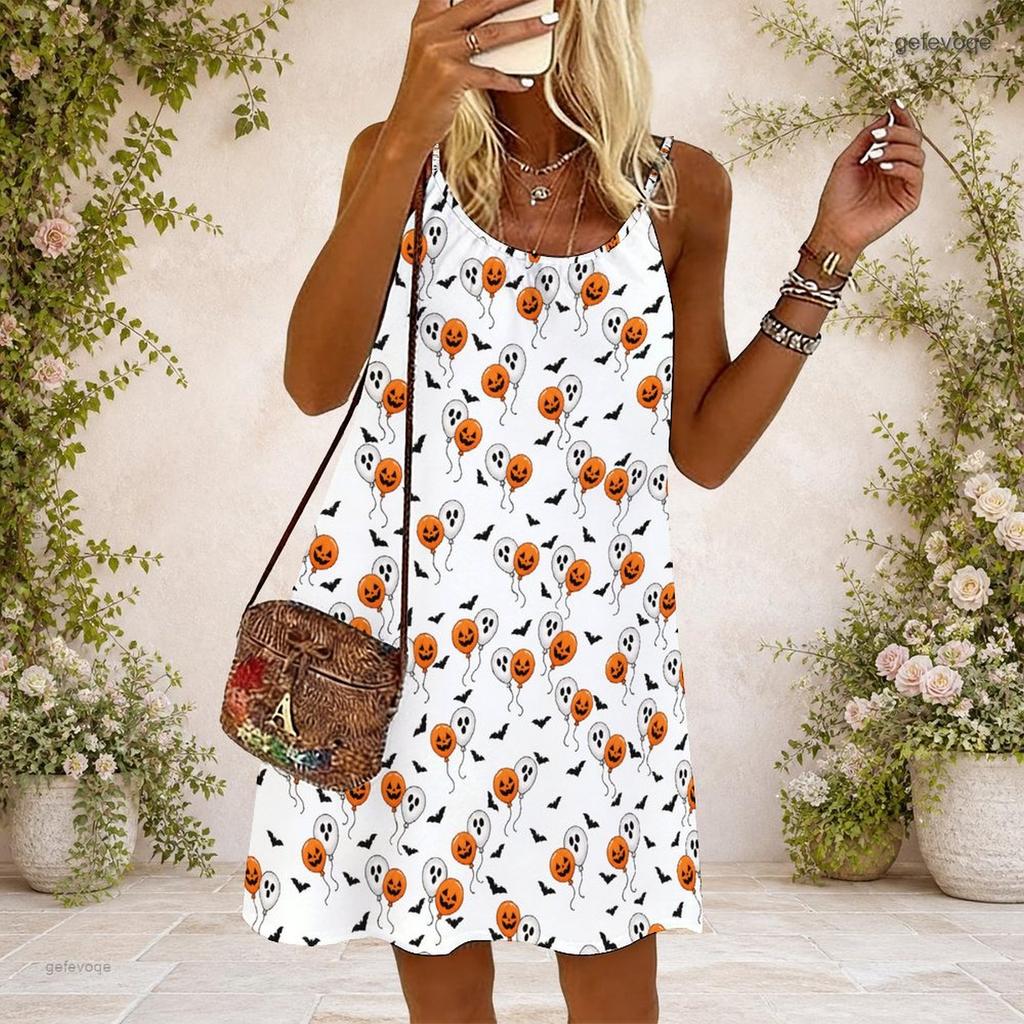 Women Plus Size Scoop Neck Thin Straps Sleeveless Loose Fit Halloween Pumpkin Printed White Dress