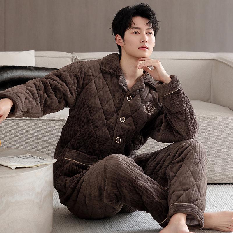 Pajamas Men's Winter 1011 New Three-layer Thickened Fleece Padded Cotton Autumn and Winter Middle-aged Dad Large Size Winter Loungewear
