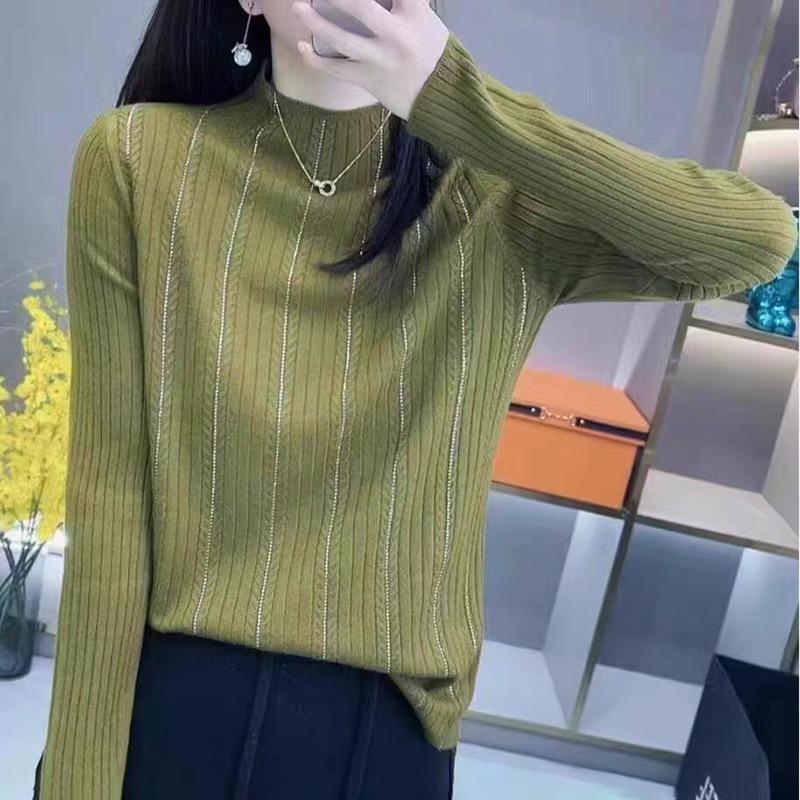 Autumn and Winter Women's Sweater with Drill Pit Strip Half Turtleneck Sweater Long Sleeve Pullover Sweater with Western Base for Women