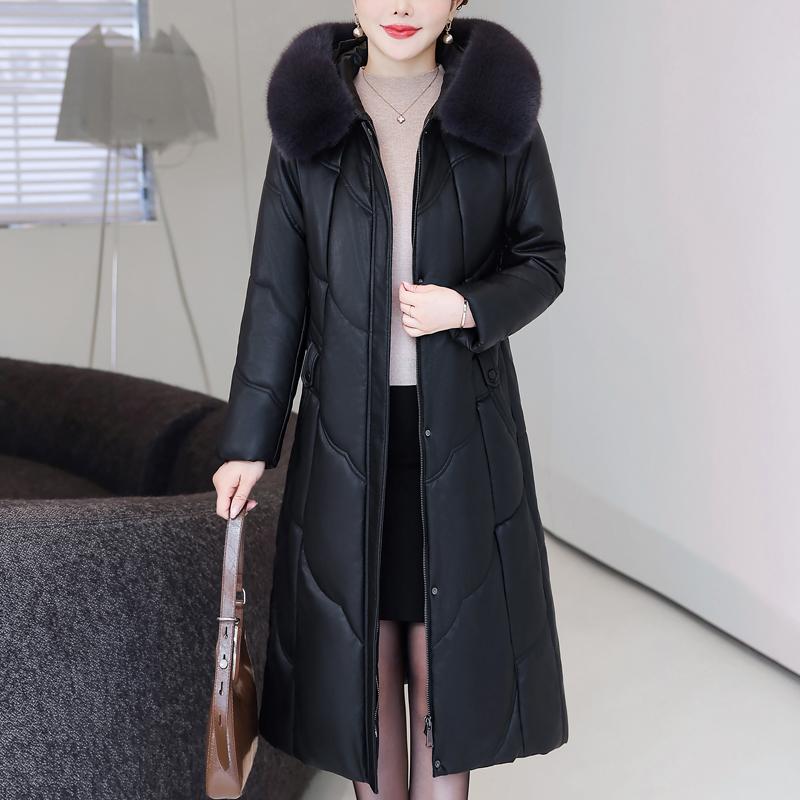 Middelbare leeftijd Vrouw Winter Faux Schapenvacht Jassen Capuchon Bontkraag Elegant Dik Warm Winter Lange Parka's Dames Leren Jas