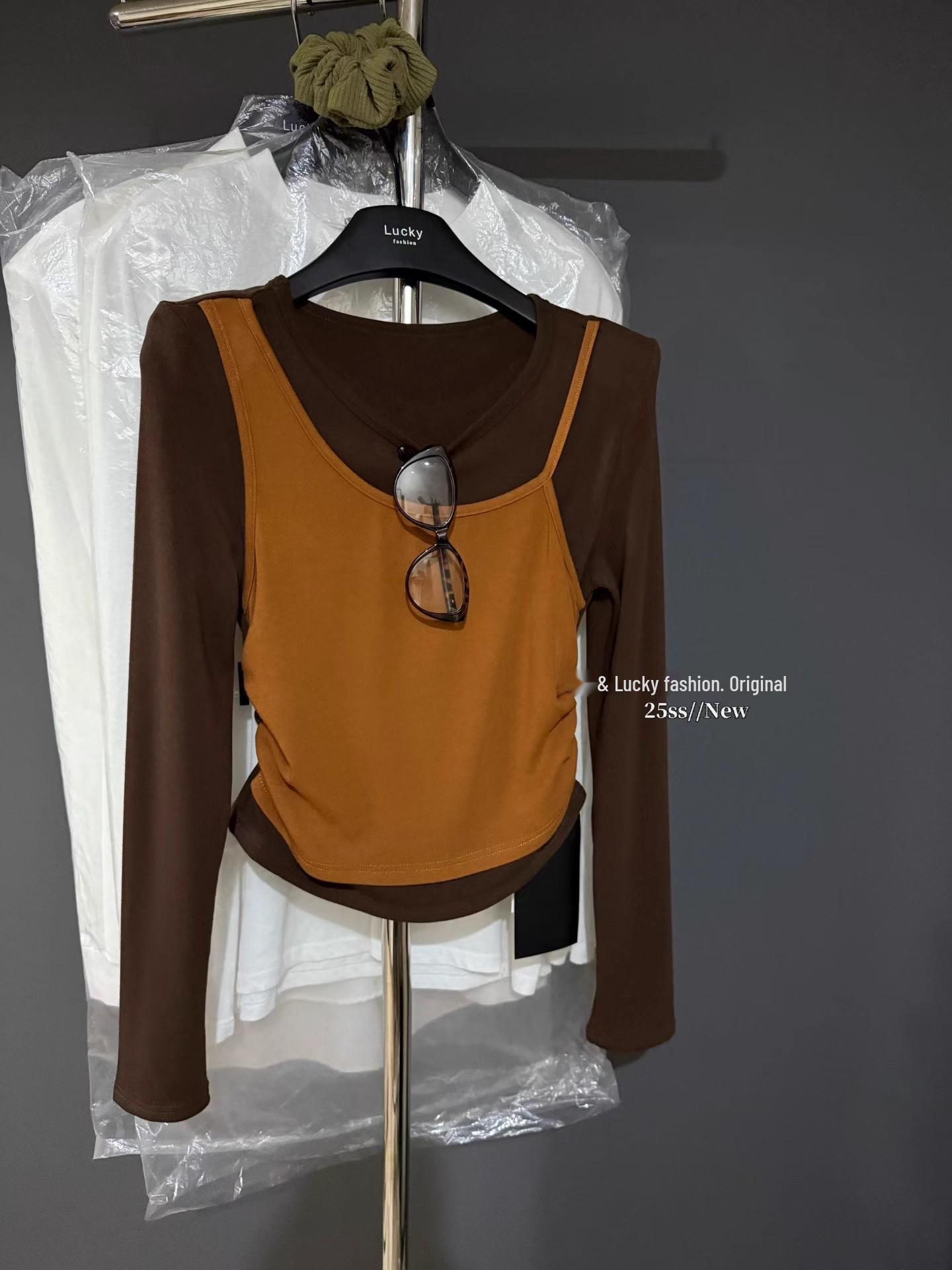 

Winter 2025 Korean Style Two-Piece Long Sleeve Slim Fit Women s T-Shirt One Size (fits 80-135 jin) кофейный