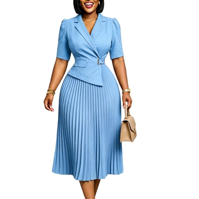 Women Elegant Blazer Collar Half Sleeve High Waist Solid A Line Midi Dress