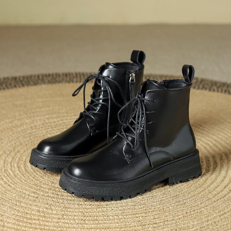 New washed shrinkage soft leather round head side zipper British style short boots lace-up thick-soled Martin boots fashion short boots women