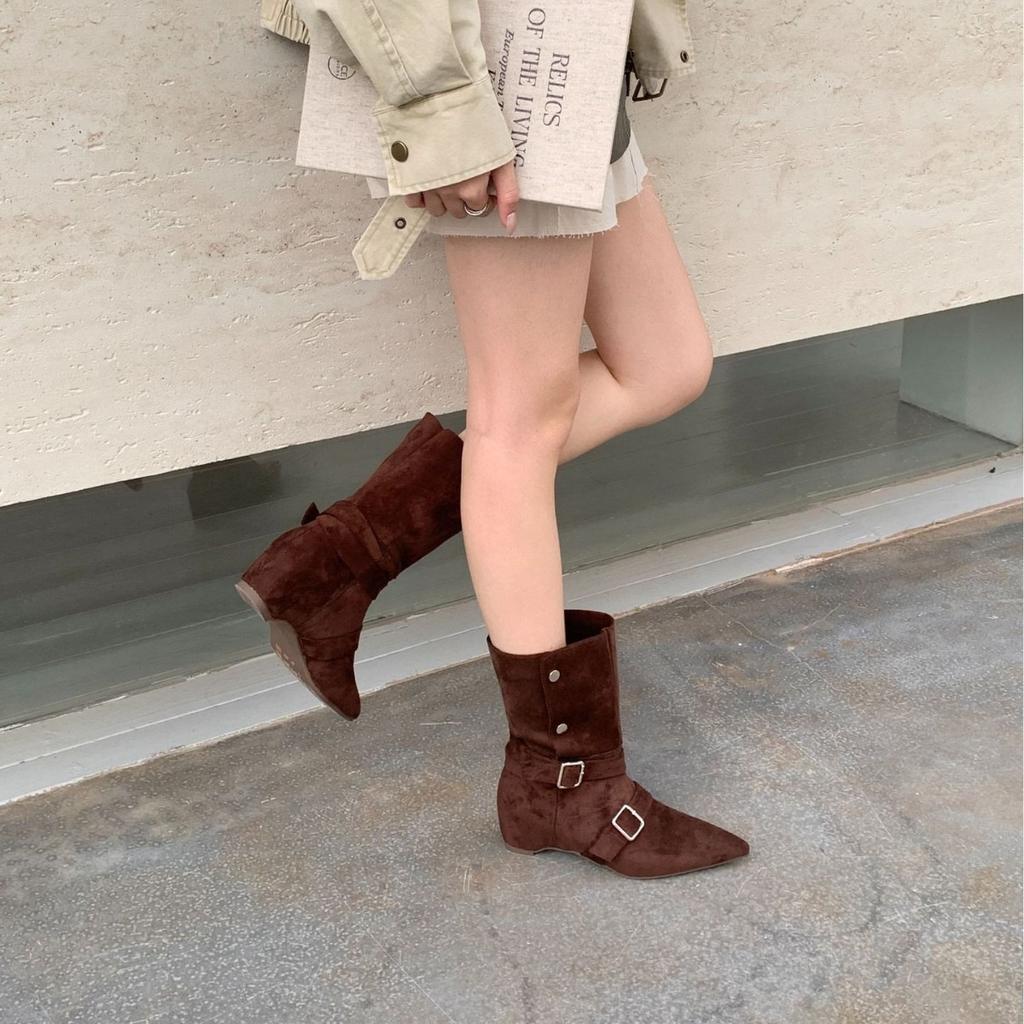 Retro Suede Belt Buckle Short Boots Women's Autumn and Winter Thin Temperament Versatile Western Boots Black Fashion