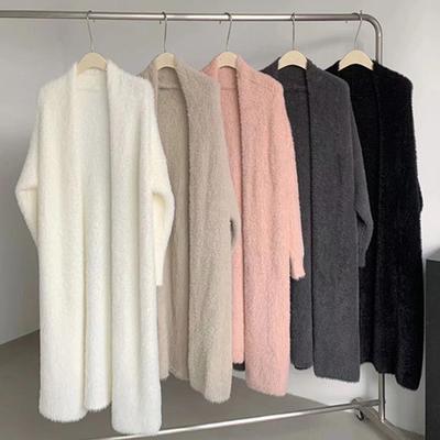 Women Sweater Coat Collarless Batwing Long Sleeve Solid Color Knitting Cardigan Open Front Mid-length Knitwear