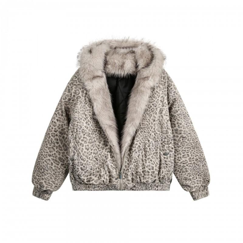Vintage Thick Padded Winter Parka Men Women Leopard Print Hooded Coat With Fur Collar Loose Fit Casual Couple Outfit