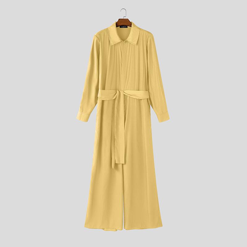 INCERUN Men Long Sleeve Belt Casual Flimsy Long Zipper Rompers Jumpsuits