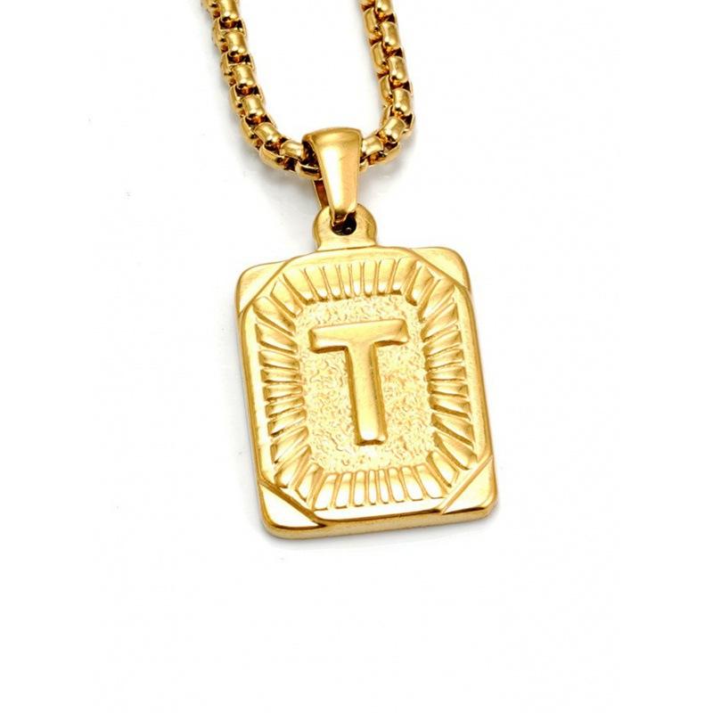 Necklace Jewelry Men's 18K Gold Square Double-sided 26 English Letter Pendant Titanium Steel Necklace