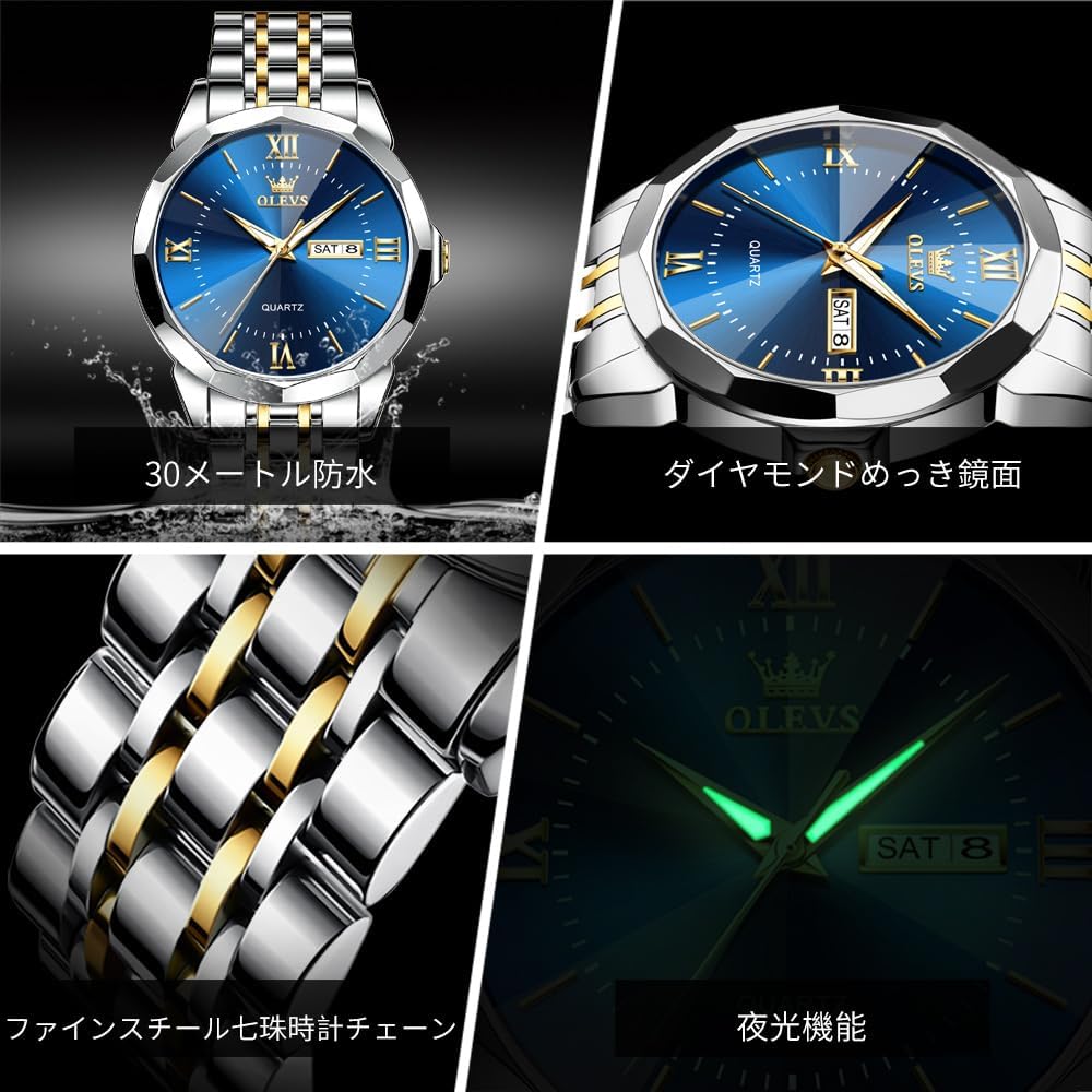 OLEVS Men's Chronograph Watch 40mm Stainless Steel Band Date Display Waterproof Gold Blue White