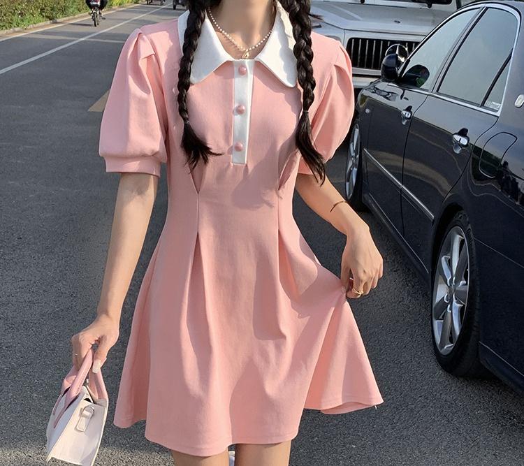 Fashion Korean Version Waist Design Polo Collar Short-sleeved Long Dress Women's Summer Thin Niche Versatile Dress
