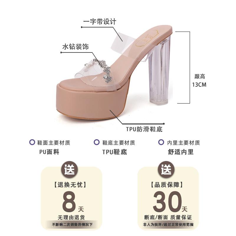 Rhinestone Word with Waterproof Table Transparent Sandals Women's Summer Wear 2025 Summer New Crystal Thick Heel Super High Heels