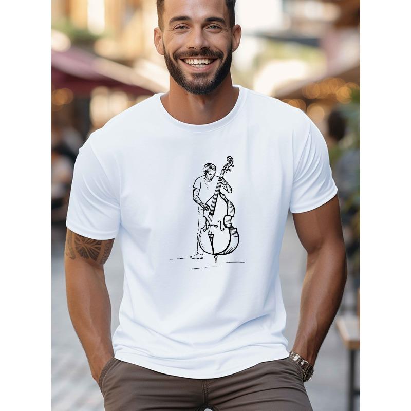 Men'S Short-Sleeve Round Neck T-Shirt Featuring a Double Bass Player, Made from Micro-Elastic Material. This Printed T-Shirt Offers a Regular Fit