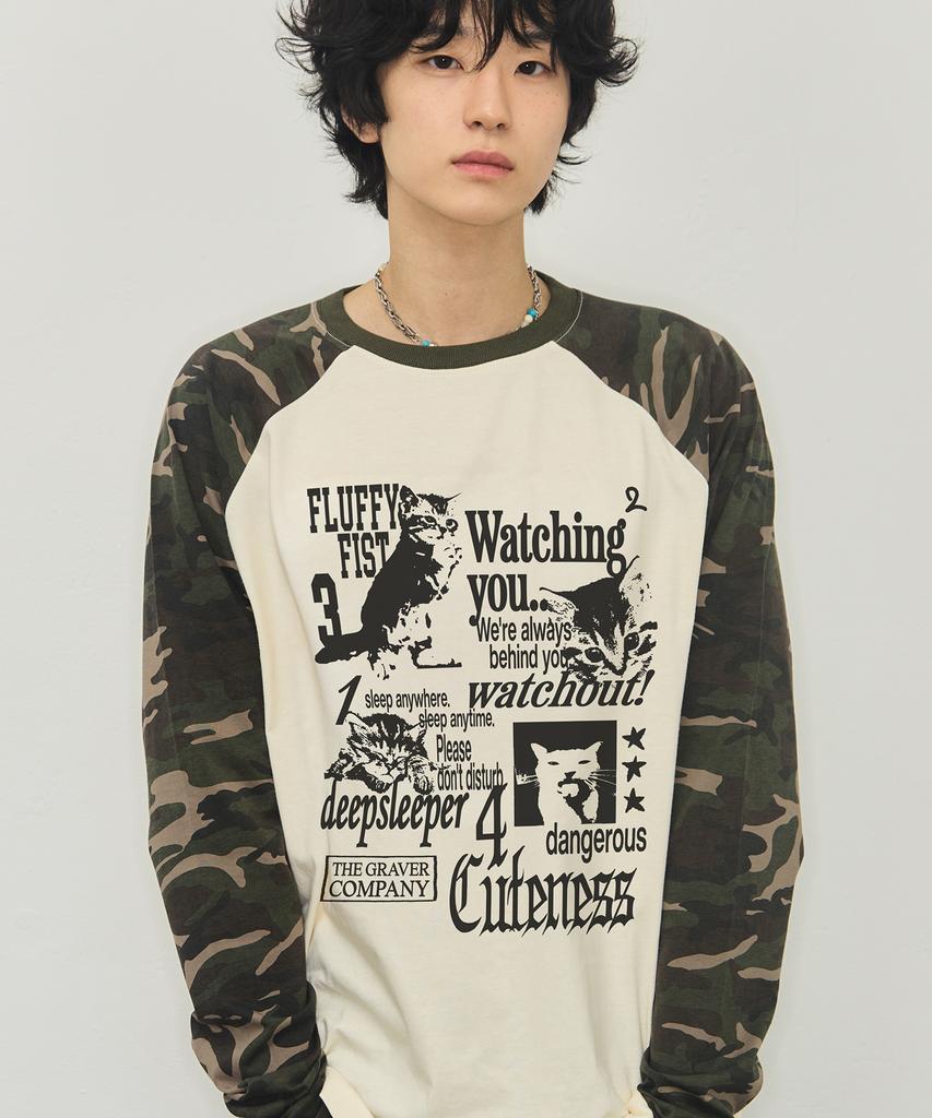 GRAVER [Unisex] 4 Cats Camo Raglan Long Sleeve T-Shirt_Cream