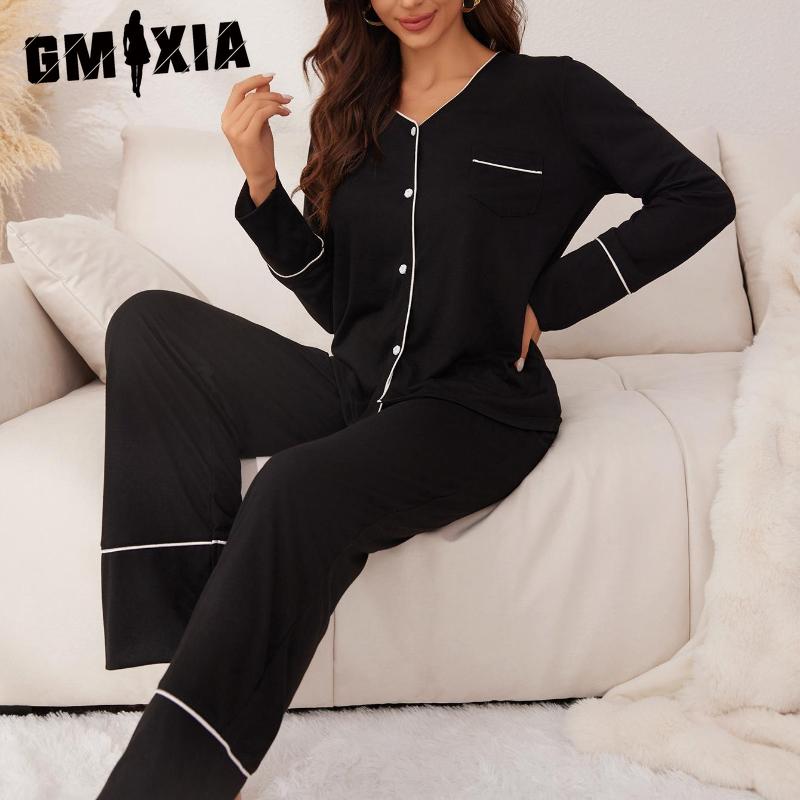 GMXIA Women's Homewear Autumn and Winter Cardigan Long-sleeved Trousers Two-piece Pajamas