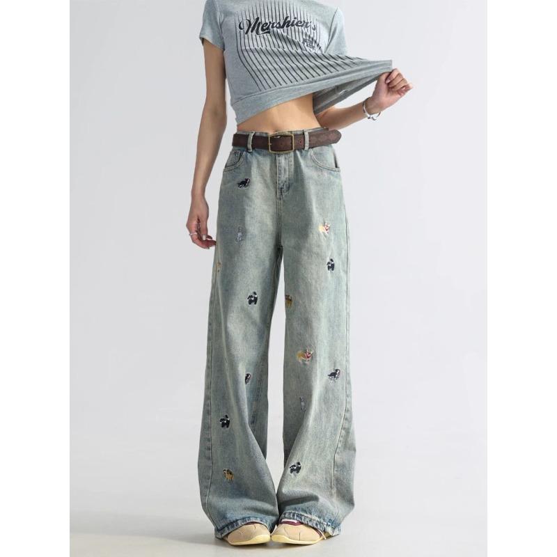Dog Embroidered Women's Jeans Half Elastic High Waisted Slimming Straight Pants American Style Loose Woman Wide Leg Pant