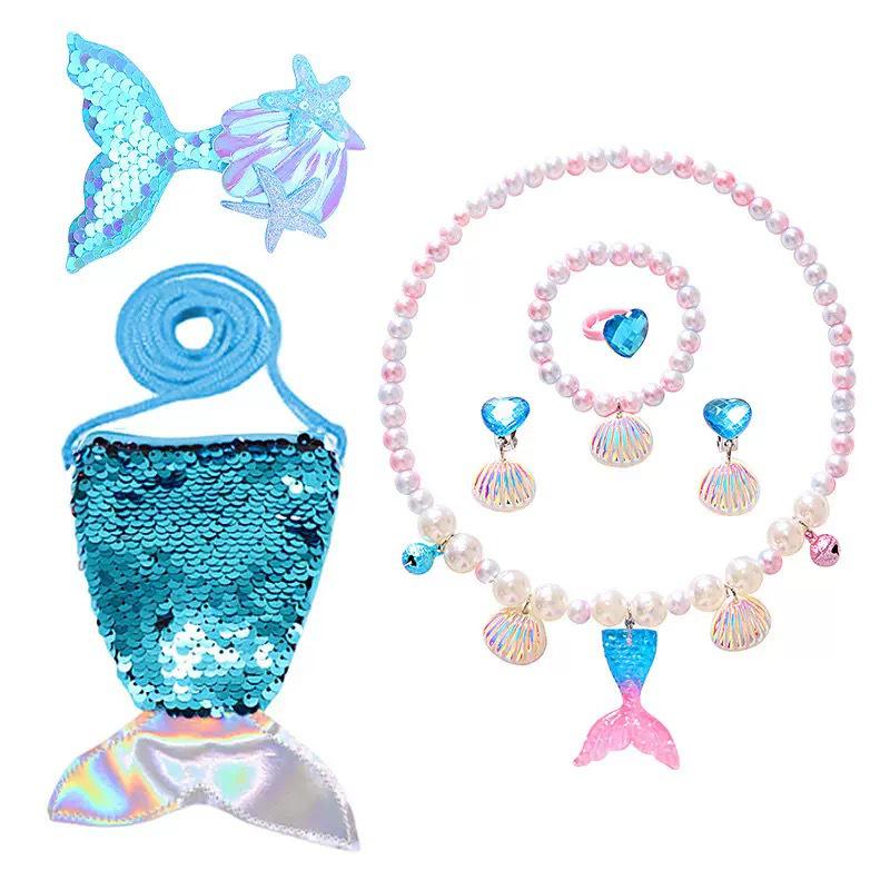 Colar de Pérolas de Sereia e Conjunto de Acessórios de Princesa para Meninas - Conjunto de 5 Peças para Presente de Feriado