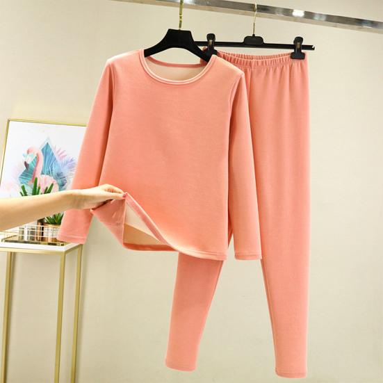 2 pezzi/set invernale top pantaloni set spesso peluche scollo rotondo manica lunga elastico in vita caldo morbido antifreddo pigiama set biancheria intima termica