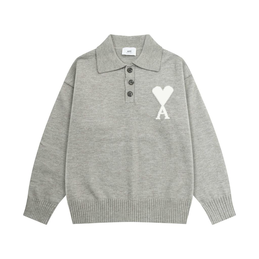 AMI White Heart-shaped Jacquard Alpaca Wool Blended Loose Sweater Polo Collar Men Pullover Sweater