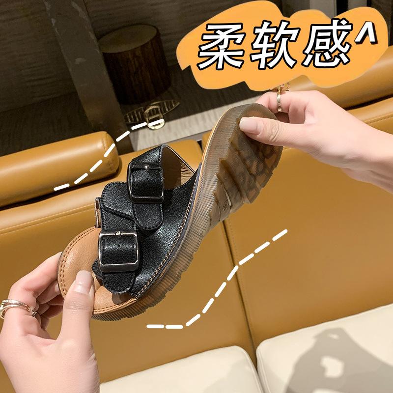 Leather Women's Slippers Summer Women's Casual Slippers with Double Button Ox Tendon Sole Outdoor Non Slip Beach Slippers