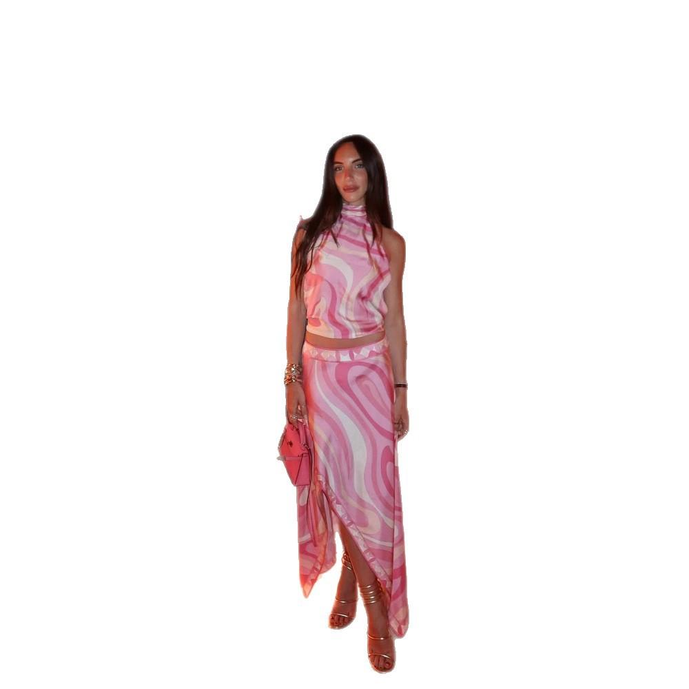 2025 New Summer Sexy Positioning Printed Satin Halter Top Irregular Skirt Two-piece Set