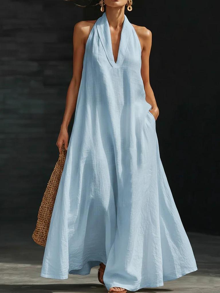 Sommerkleid 2026 für Damen, einfarbig, mit V-Ausschnitt – Freizeitmode im europäischen und amerikanischen Stil