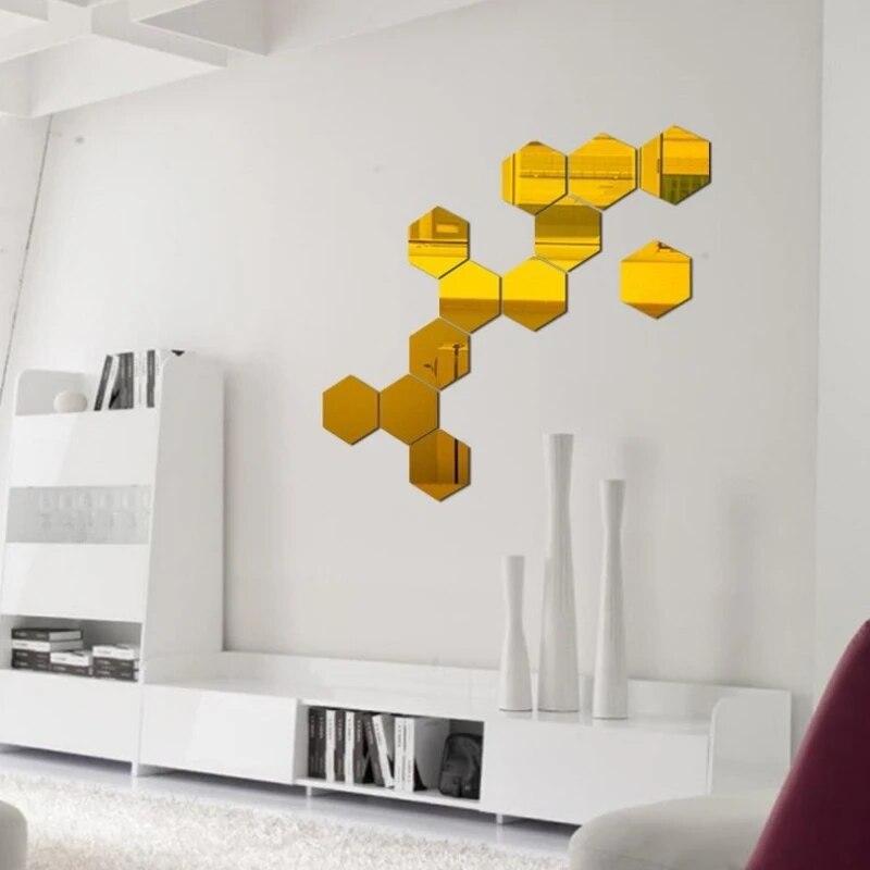 12pcs Mirror Wall Stickers Living Room TV Backdrop Decorative Stickers Hexagonal Mirror Wall Stickers Decorative Mirror