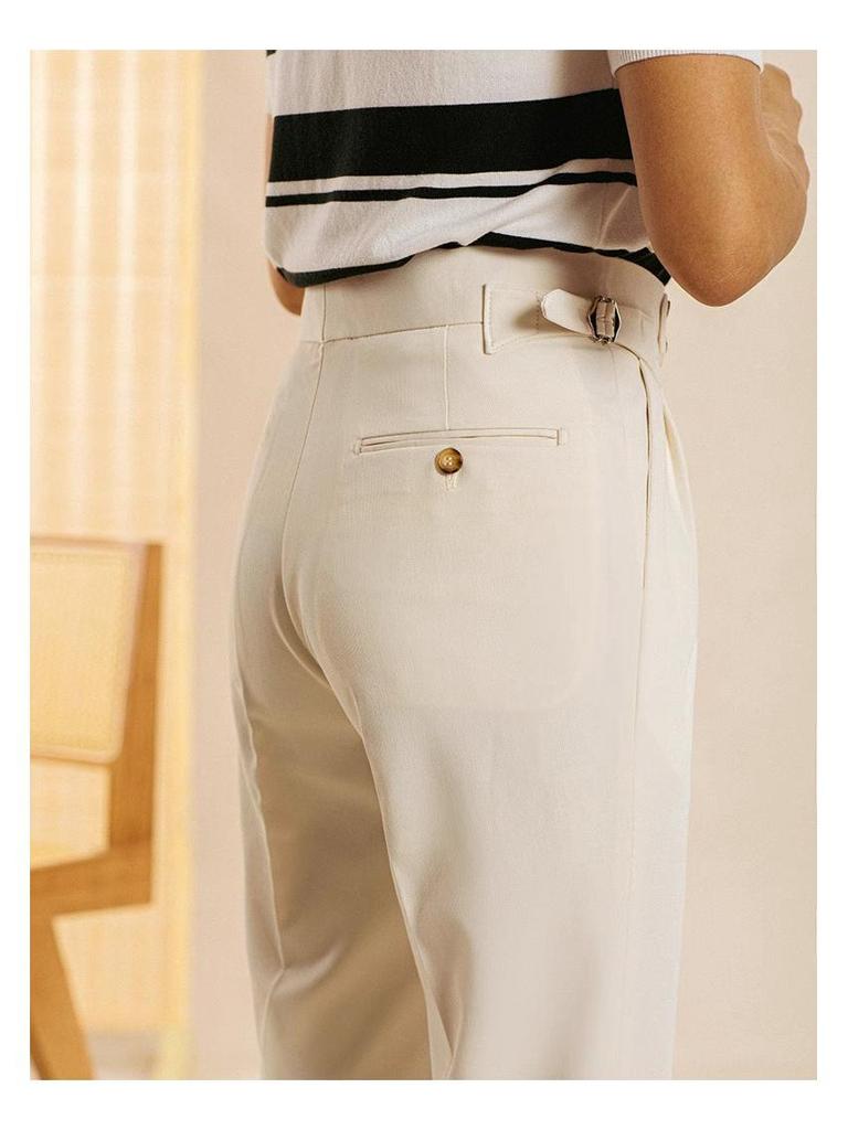 Męskie spodnie neapolitańskie high-end slim-fit, skrócone - ekskluzywne Tony Teacher, styl lekko dojrzały.