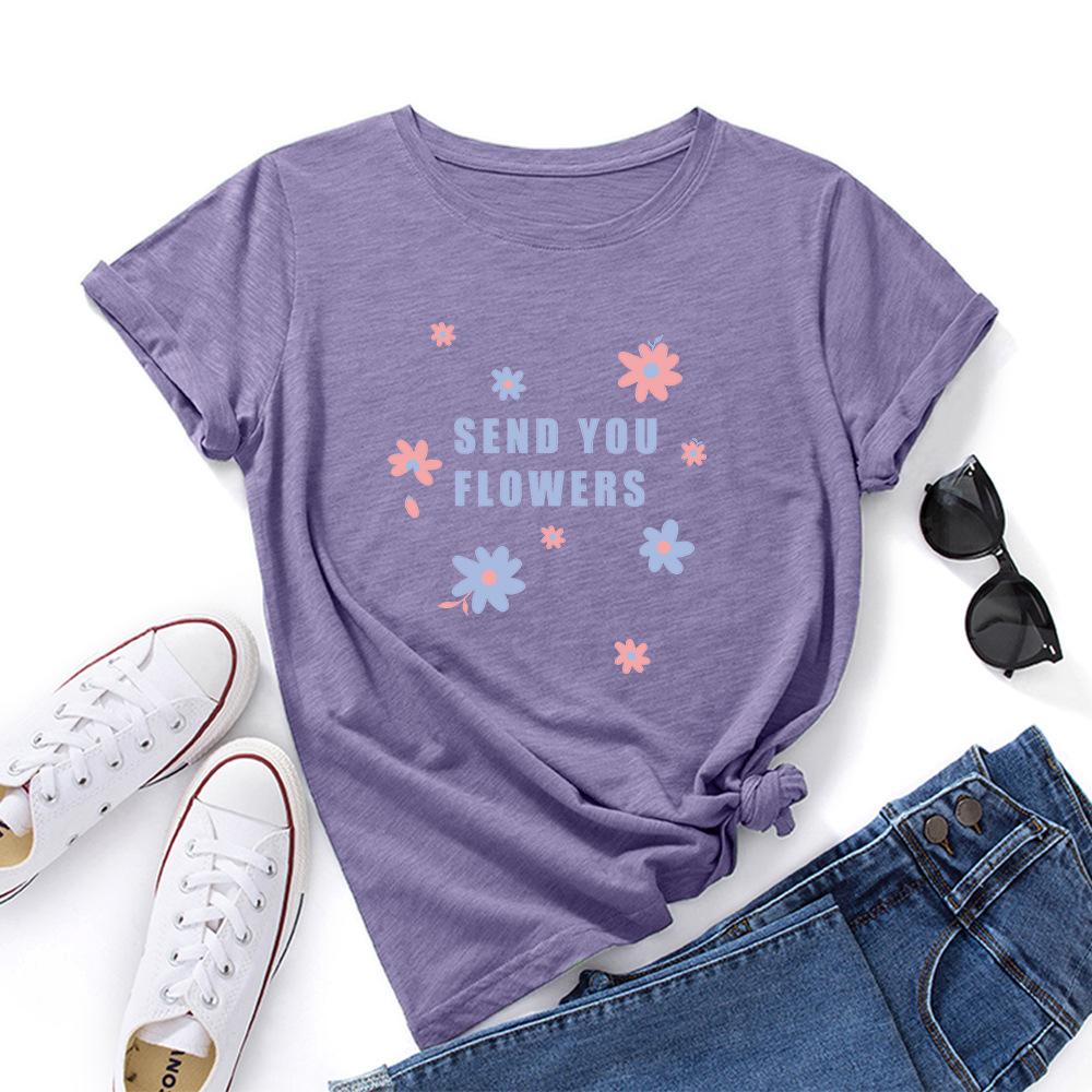 Send You Flowers Cotton T-Shirt Short Sleeve Round Neck Women 2d Print Tops
