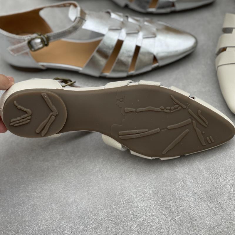Johnature Handmade Genuine Leather Pointed Toe Sandals Retro Hollow Buckle Woven Cowhide Women's Shoes