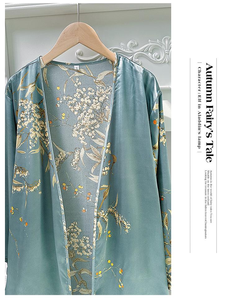 Women's Cherry Print Silk-Style Pajama Set: Thin Robe & Ice Silk Camisole Nightgown