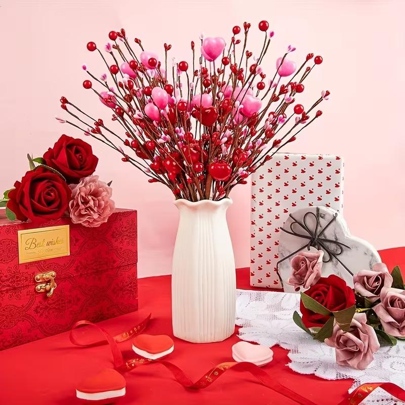 1-10PCS Valentines Decor Artificial Flower Berry Branches Heart Shape Berry Fake Flowers Anniversary Wedding Home Decor