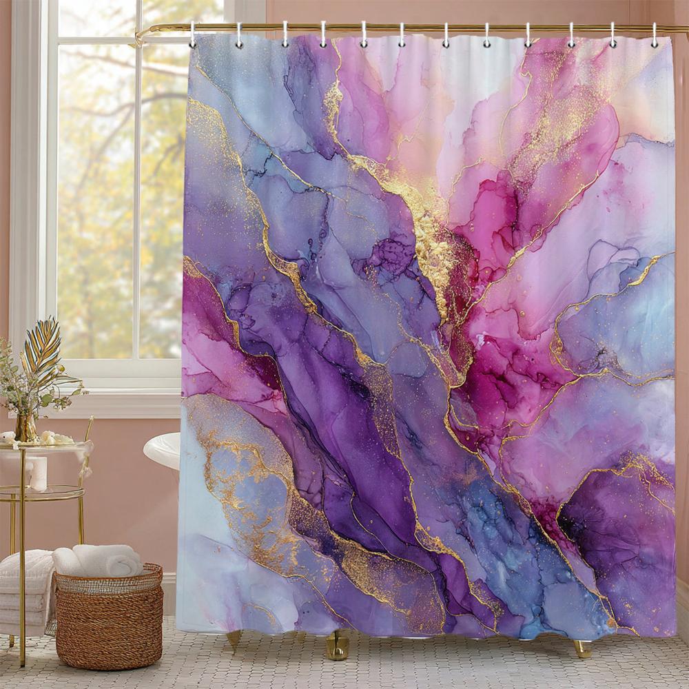 Abstract Marble Pattern Shower Curtain, Geometric Printed Bathroom Decorative Shower Curtain, Fabric Home Curtain with Hooks