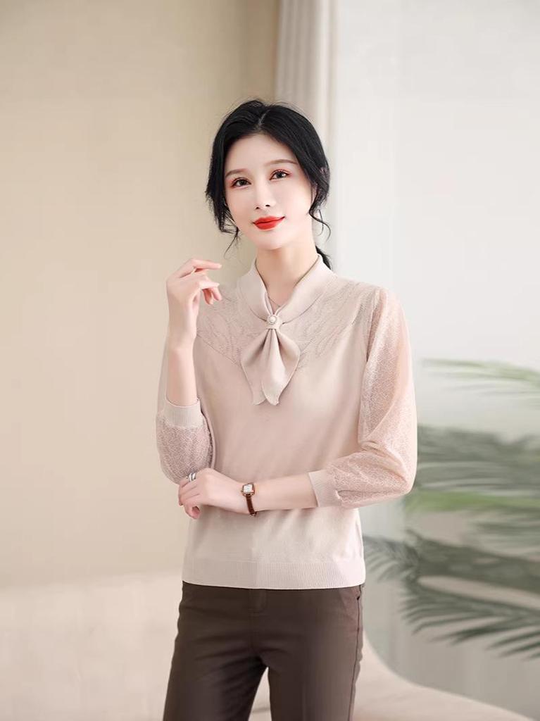 Stylish Spring Knit Gauze Sleeve Top for Middle-Aged & Elderly Women
