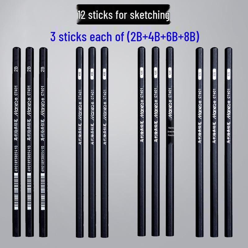 Mali Student Sketching & Drawing Pencil Set: Includes 2B, 4B, 14B soft, medium, hard, and charcoal pencils ideal for art exams.