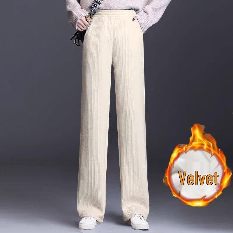 Women's Corduroy Wide-Leg Casual Pants - Autumn/Winter, Thickened, Plus Size, Straight, Loose Fit