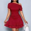 New Dress Summer Popular Women's Clothing Solid Color Slanted Shoulder Slim Ruffle Edge Dress