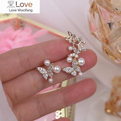Korea New Fashion Jewelry 14K Real Gold Plating AAA Zircon Butterfly Asymmetric Earring Elegant Pearl Women's Daily Accessories