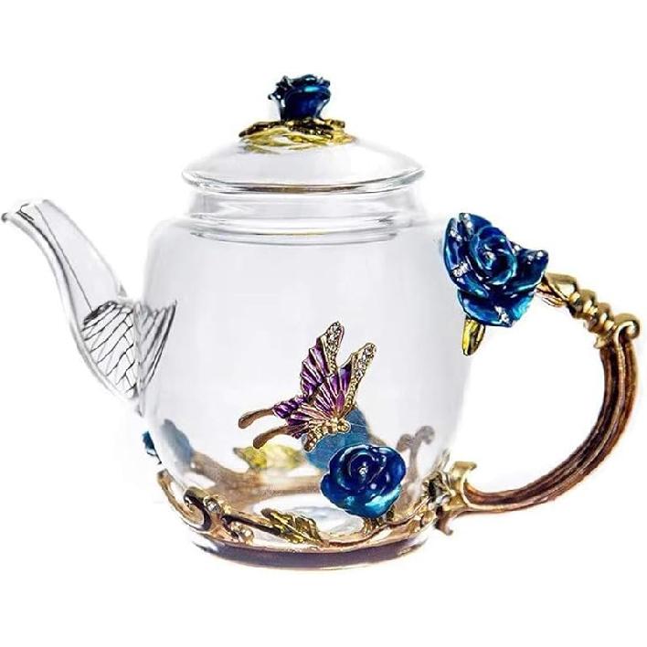 Creative Flower Glass Teapot Crystal Glass Teapot for Kung Fu Tea, Good Gift for Sister, Mom, Grandma, Teachers (Red Rose)