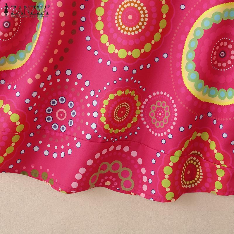 ZANZEA Women Casual Round Neck Retro Print Loose 3/4 Sleeve Blouse