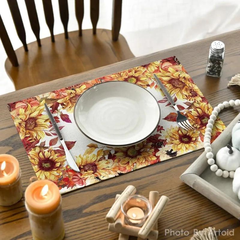 Fall Thanksgiving Table Mats Set of 4 Fall Pumpkin Maple Leaves Buffalo Plaid Placemats Seasonal Holiday Thanksgiving Placemats