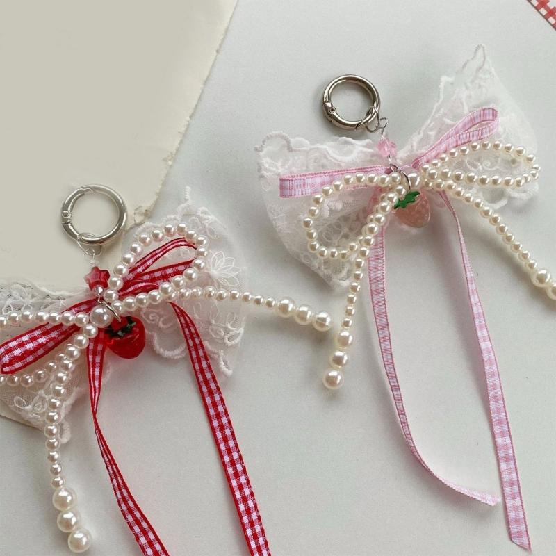 Delicate Pearls and Lace Bowknot Bag Ornament With Gingham Pattern Portable Accessory for Daily Commutes or Dates